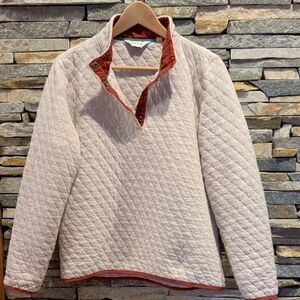 Quality Orvis Quarterzip In Quilted Tan Color, Rust Color Accents. Size L